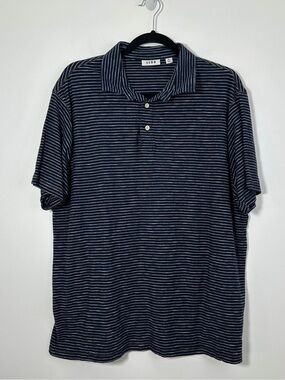 ROWN Men’s XL Navy Blue striped Short Sleeve Polo Shirt 100% Cotton